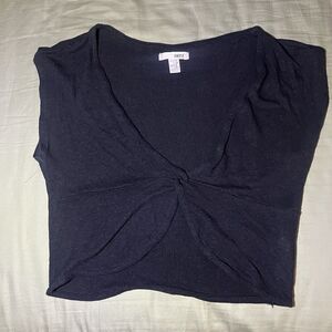 Amuse Society Linen Blend Crop Top Black Front Tie Short Sleeve Top XS